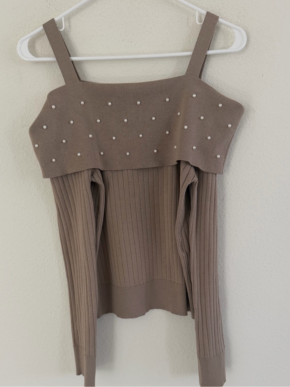 Chocolate Taupe Pearl-Detail Off-Shoulder Ribbed Sweater